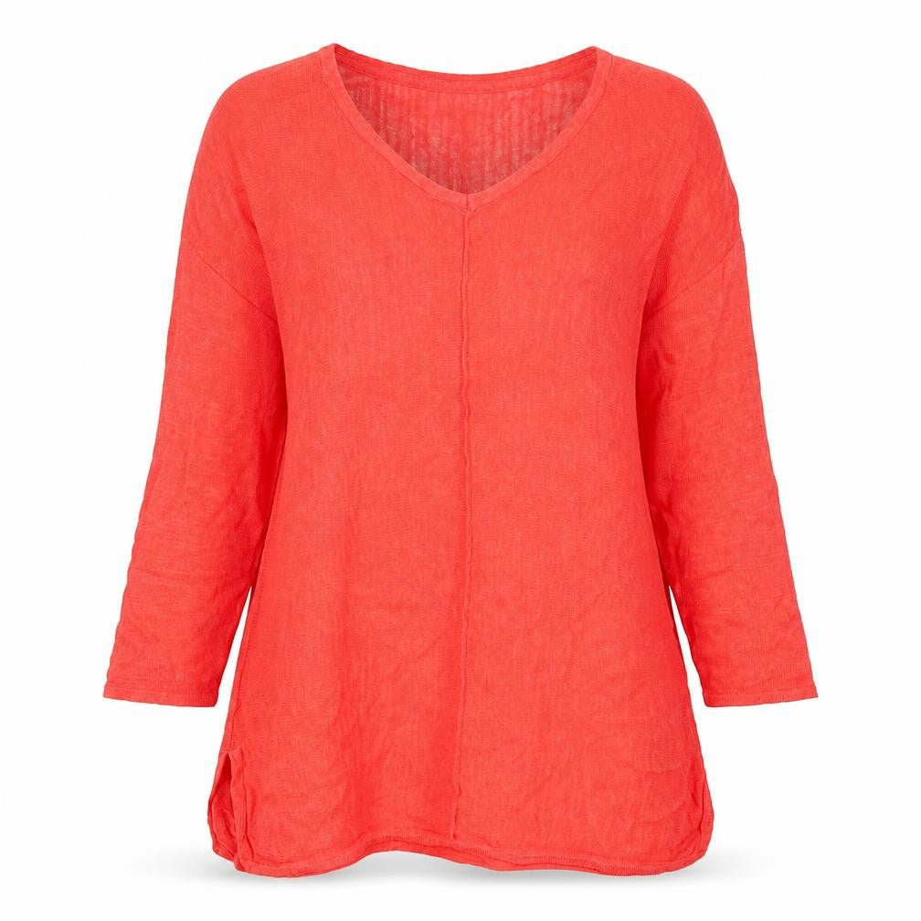 Monsoon Womens Red Linen Blend Tunic Blouse S Long Sleeve V-Neck