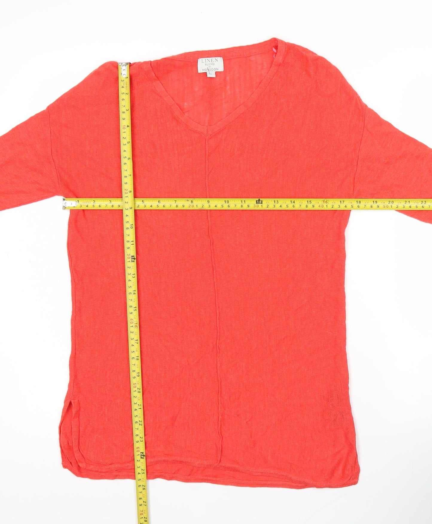 Monsoon Womens Red Linen Blend Tunic Blouse S Long Sleeve V-Neck