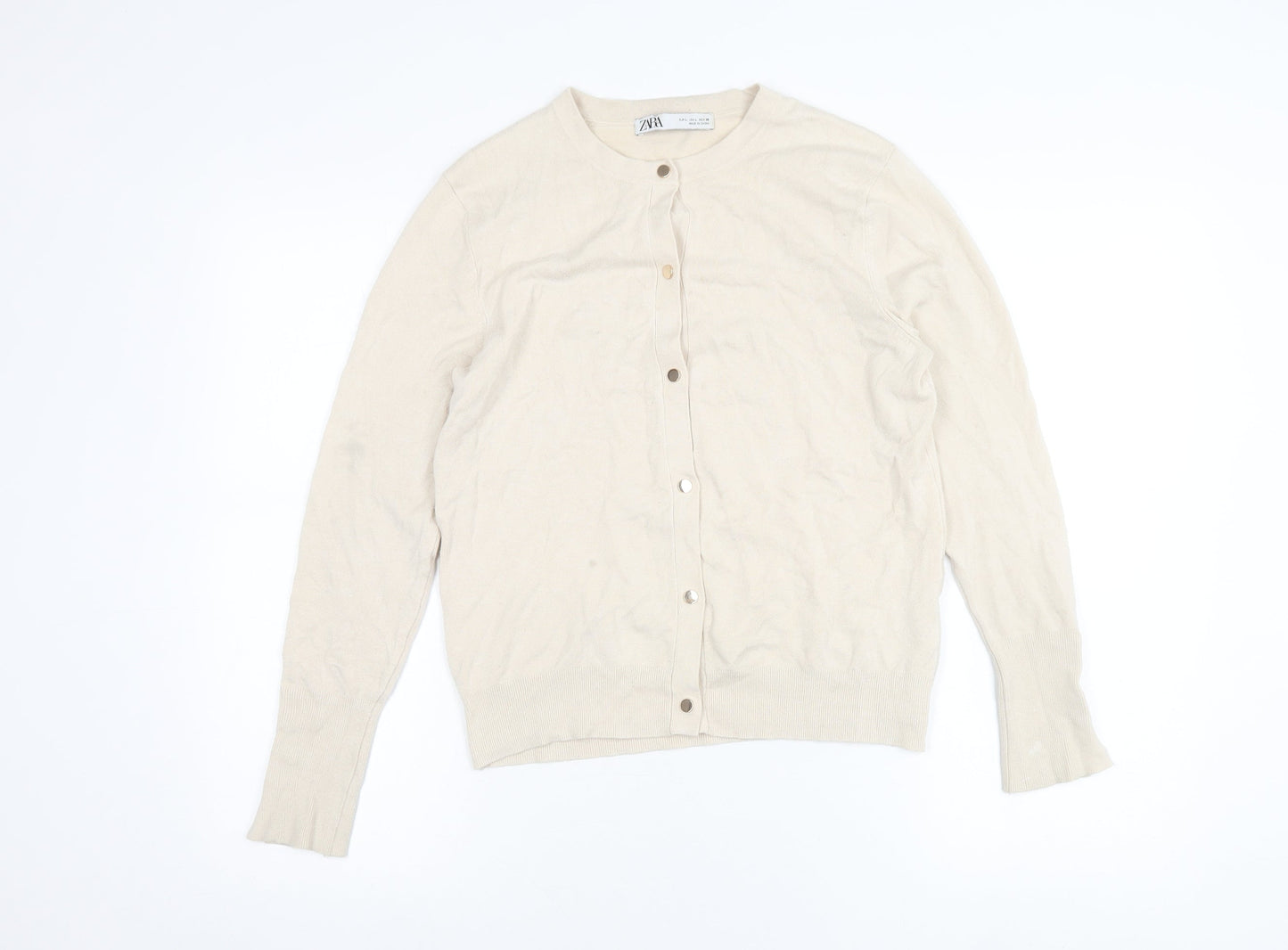 Zara Women’s Beige Cardigan L Long Sleeve Crew Neck Knit
