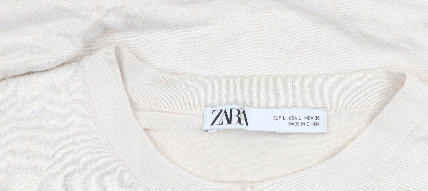 Zara Women’s Beige Cardigan L Long Sleeve Crew Neck Knit