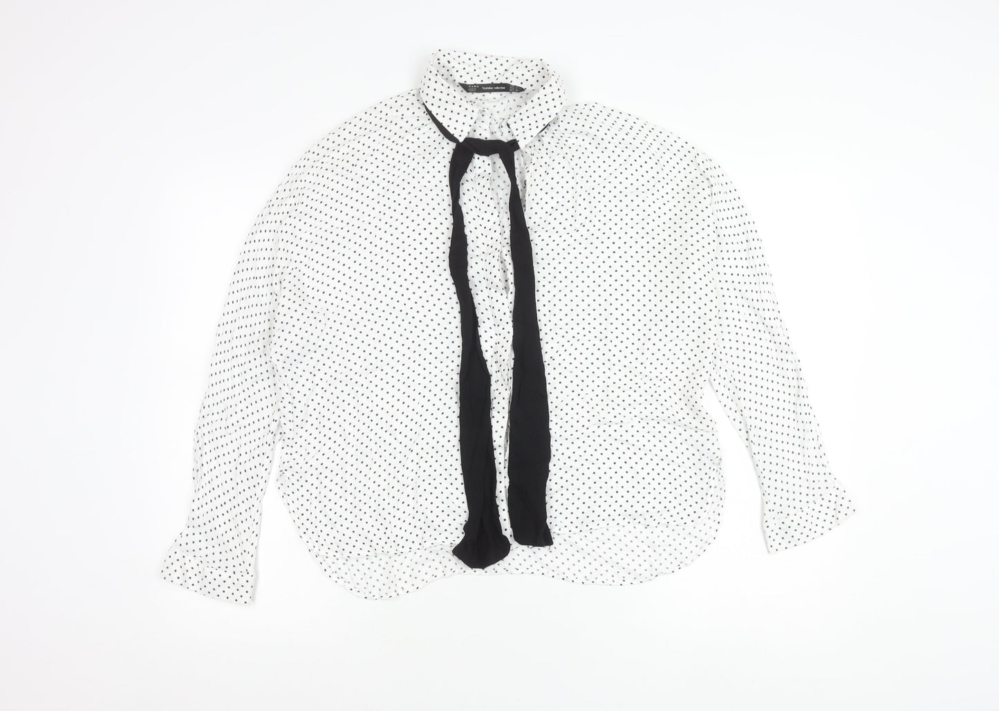 Zara Women White Polka Dot Blouse L Long Sleeve Collared Chiffon