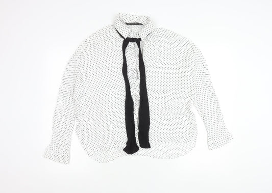 Zara Women White Polka Dot Blouse L Long Sleeve Collared Chiffon