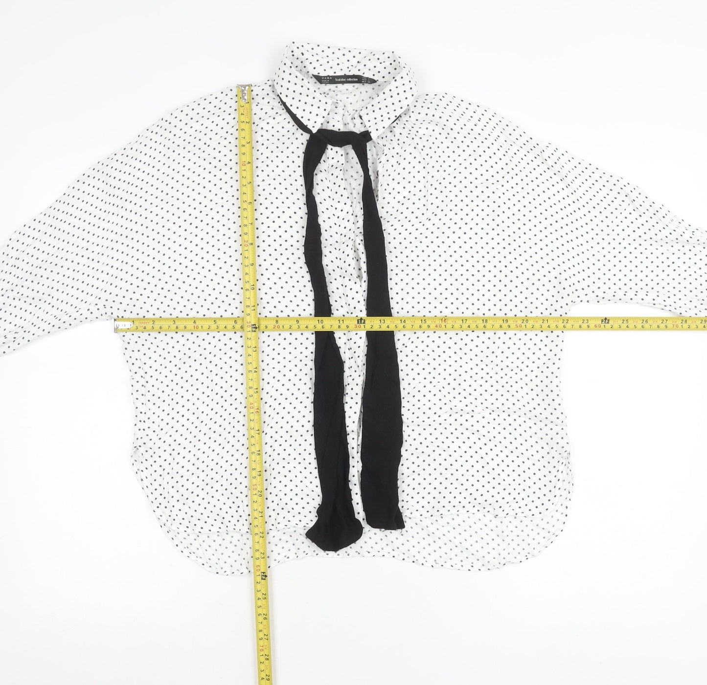 Zara Women White Polka Dot Blouse L Long Sleeve Collared Chiffon