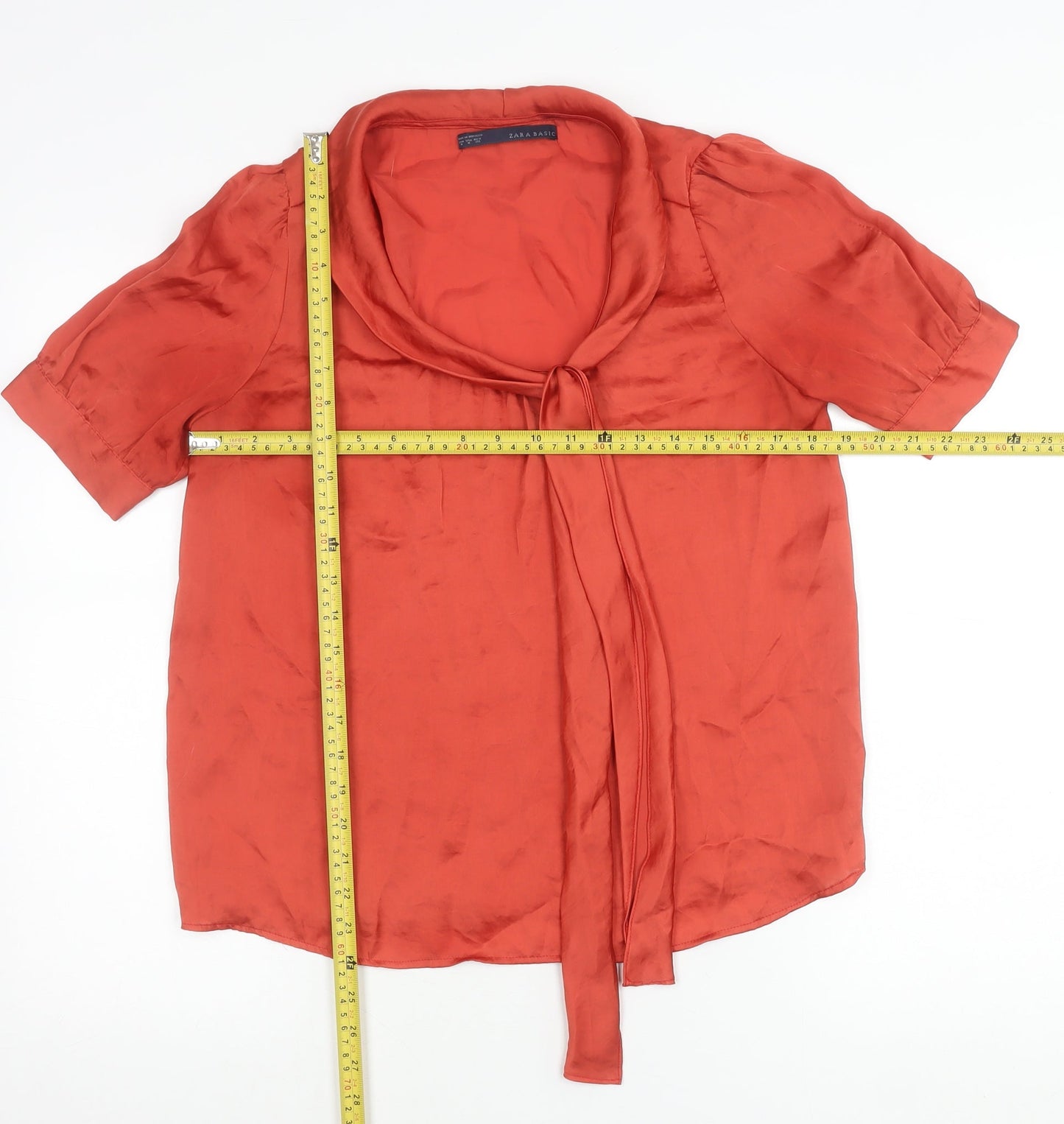 Zara Basic Women’s Red Satin Blouse M Puff Sleeve Tie Neck