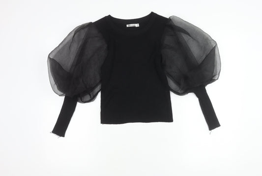 Cherry Koko Womens Black Puff Sleeve Blouse Size S Round Neck