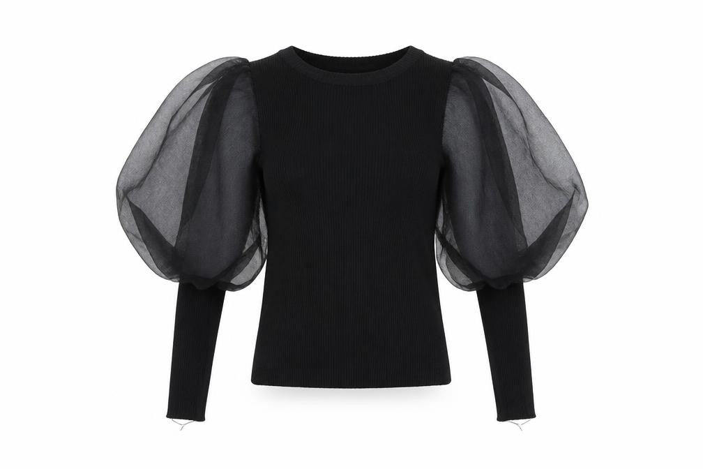 Cherry Koko Womens Black Puff Sleeve Blouse Size S Round Neck