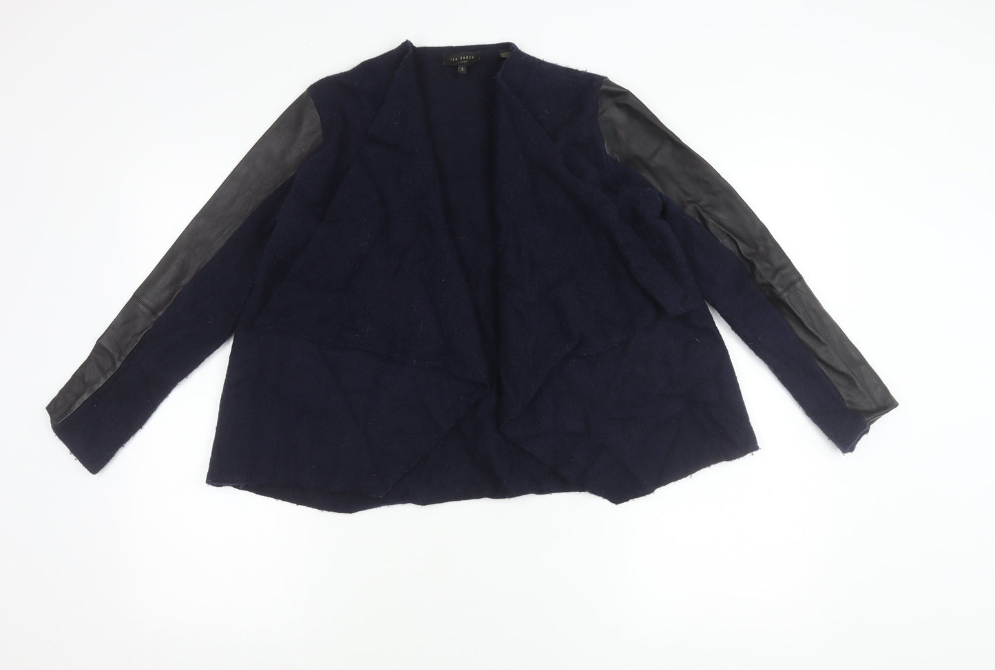 Ted Baker Womens Blue Wool Leather Sleeve Open Cardigan Size 12