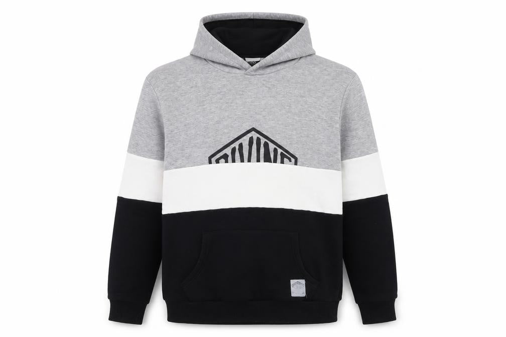 Divine Mens Grey White Black Colour Block Pullover Hoodie Size L