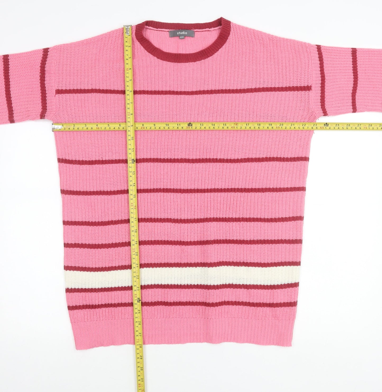 Studio Womens Pink Striped Crew Neck Jumper Size 12/14 Acrylic Knit
