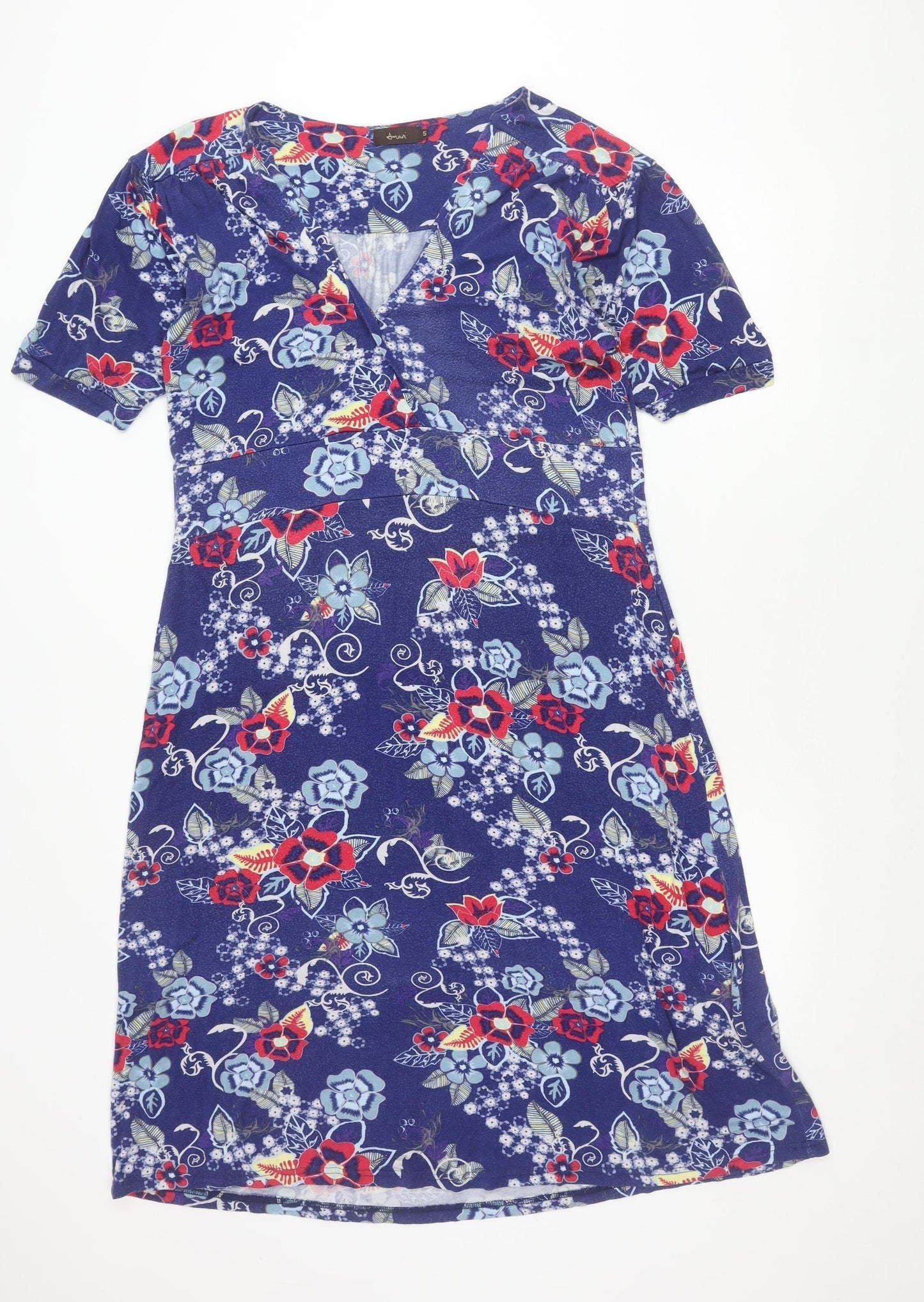 Amari Women’s Blue Floral Sheath Dress Size 8 Short Sleeve V-Neck