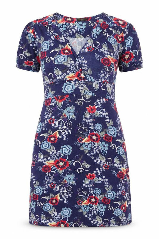Amari Women’s Blue Floral Sheath Dress Size 8 Short Sleeve V-Neck