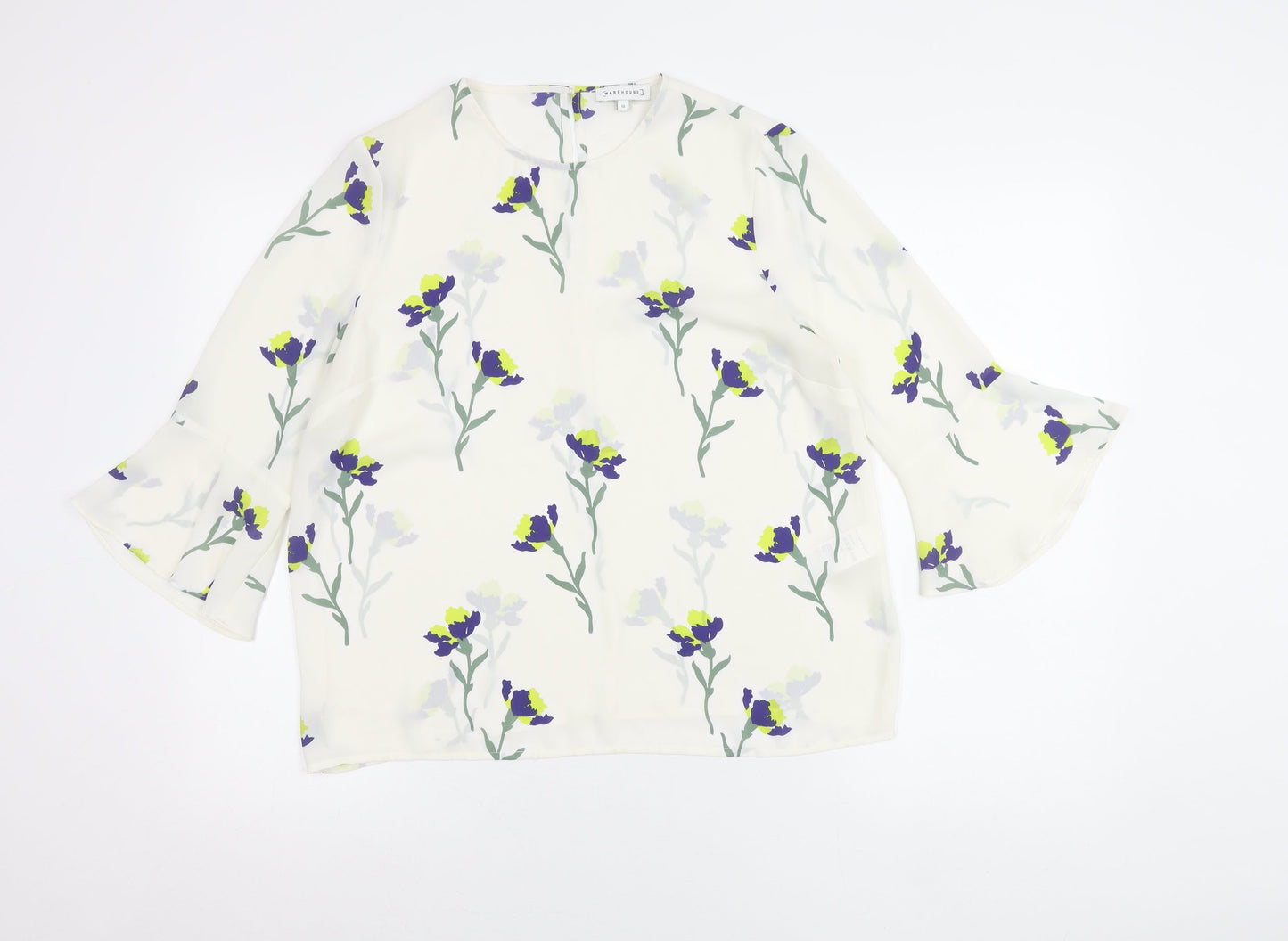 Warehouse Women’s Ivory Floral Blouse UK 12 3/4 Sleeve Tunic