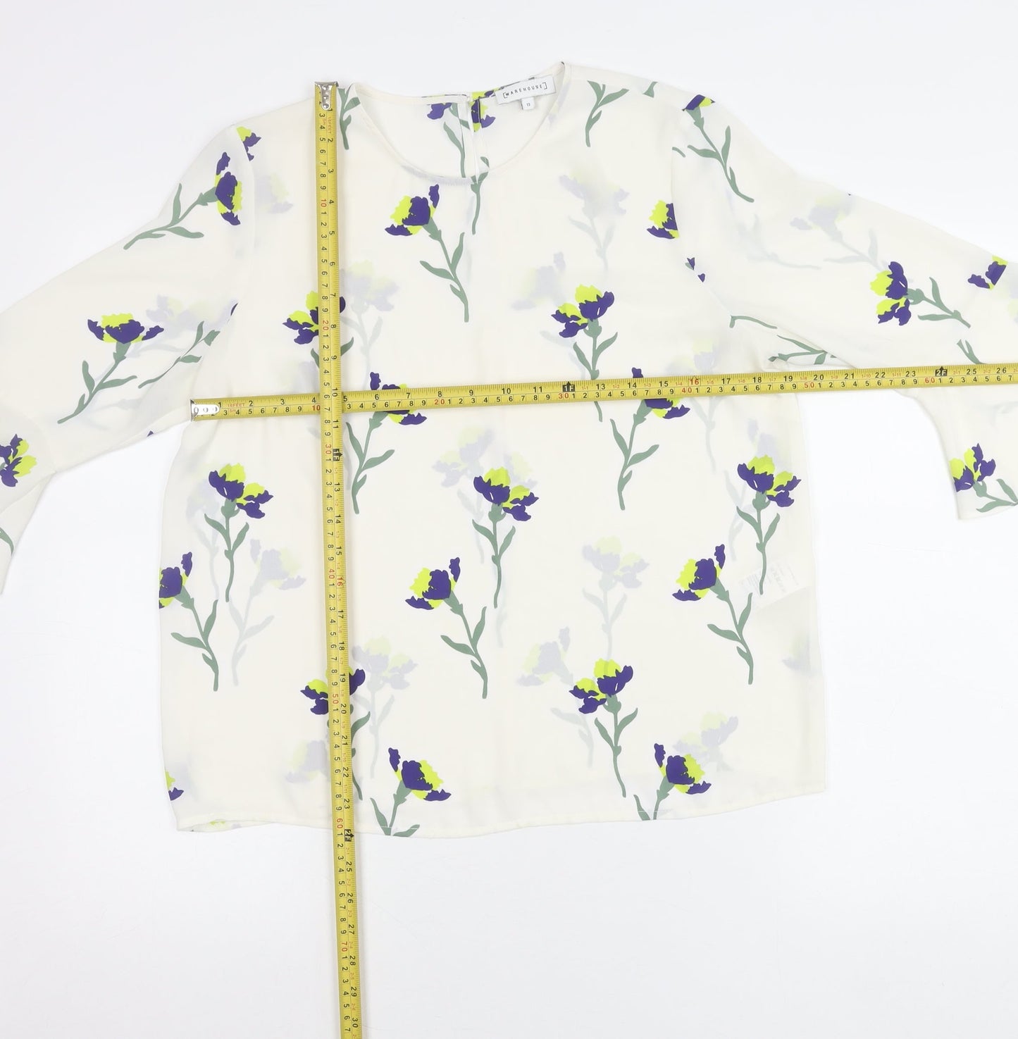 Warehouse Women’s Ivory Floral Blouse UK 12 3/4 Sleeve Tunic