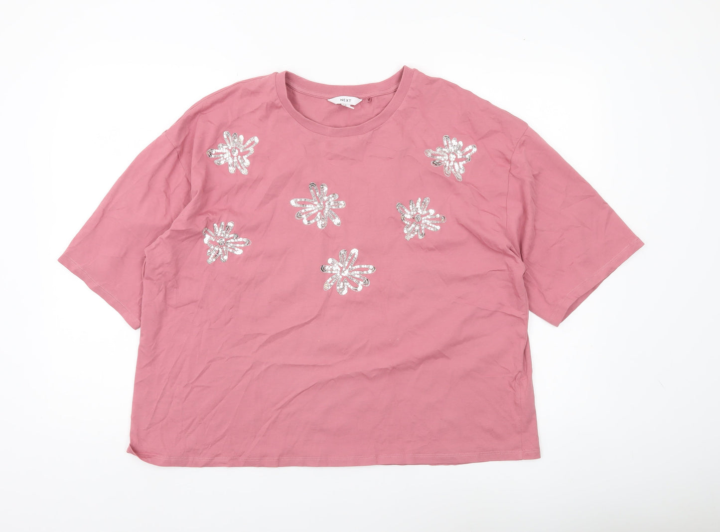 Next Womens Pink Sequin Floral T-Shirt XL Cotton Casual