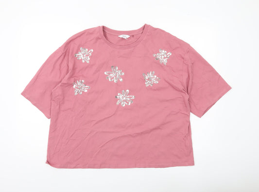 Next Womens Pink Sequin Floral T-Shirt XL Cotton Casual