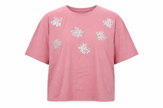 Next Womens Pink Sequin Floral T-Shirt XL Cotton Casual