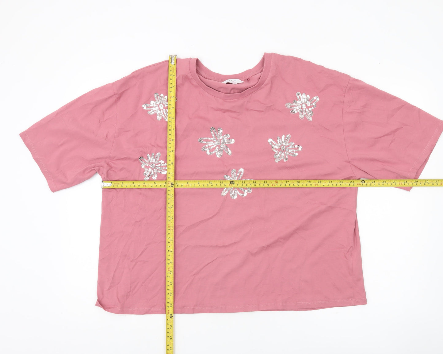 Next Womens Pink Sequin Floral T-Shirt XL Cotton Casual