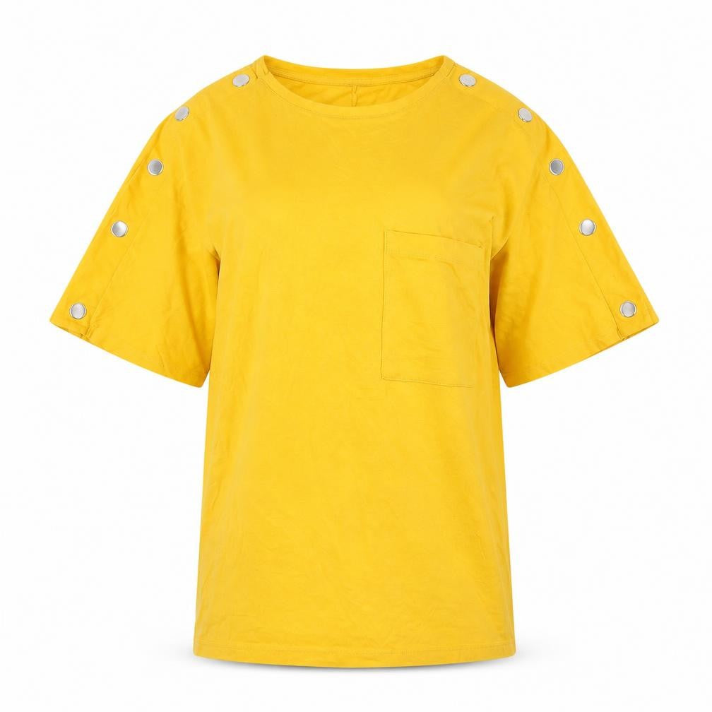 Zara Women Yellow Cotton Button Accent T-Shirt Size M