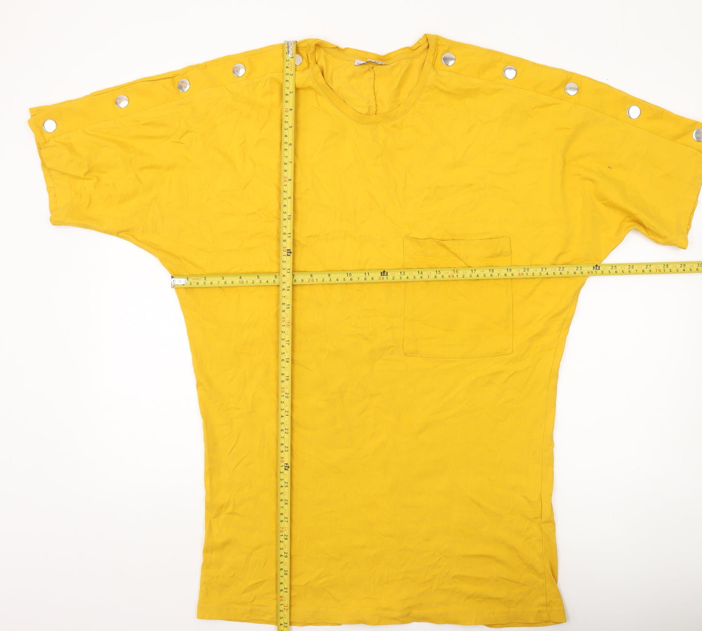 Zara Women Yellow Cotton Button Accent T-Shirt Size M