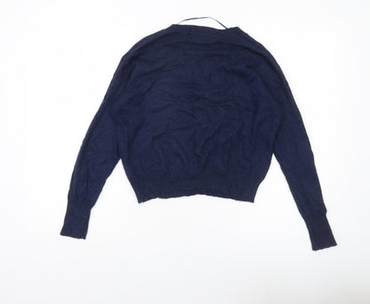 Close-up detail of Atmosphere women’s blue knit v-neck jumper, size UK 10