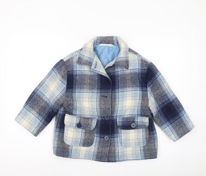 Additional front view of Marks & Spencer girls’ blue checked wool blend coat age 5-6 years