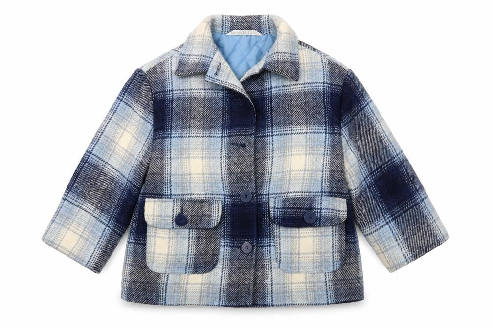 Marks & Spencer Girls Blue Checked Wool Blend Coat Age 5-6 Years