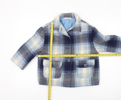 Back view of Marks & Spencer girls’ blue checked wool blend coat age 5-6 years