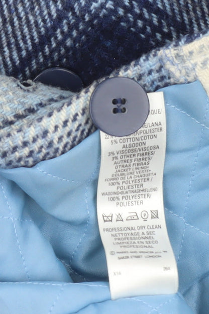 Brand and care label for Marks & Spencer girls’ blue checked wool blend coat age 5-6 years