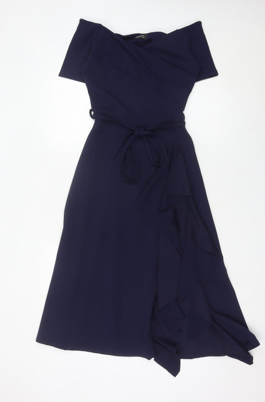 FeverFish Women’s Blue Midi Wrap Dress Size 8 Short Sleeve V-Neck