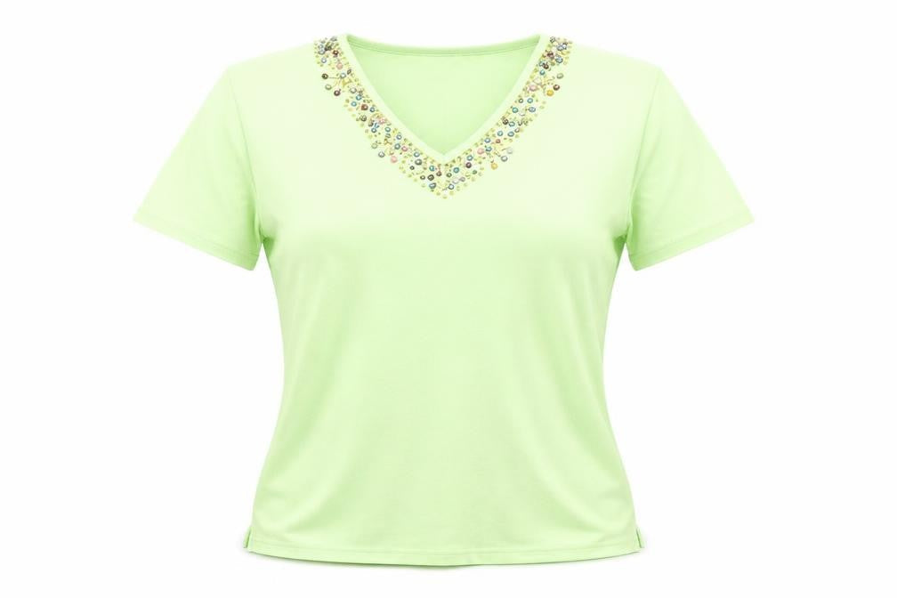 Impact Designer Collection Womens Green Beaded V-Neck Short Sleeve T-Shirt L