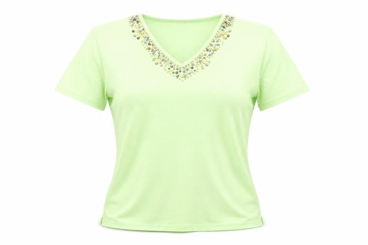 Impact Designer Collection Womens Green Beaded V-Neck Short Sleeve T-Shirt L