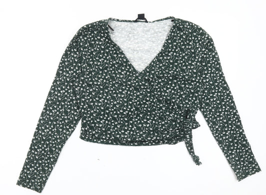 Monki Womens Green Floral Wrap Blouse Long Sleeve Size S