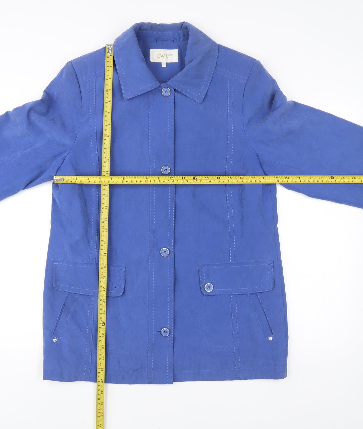 EWM Womens Blue Mid-Length Coat Size 10 Buttoned Pockets Casual