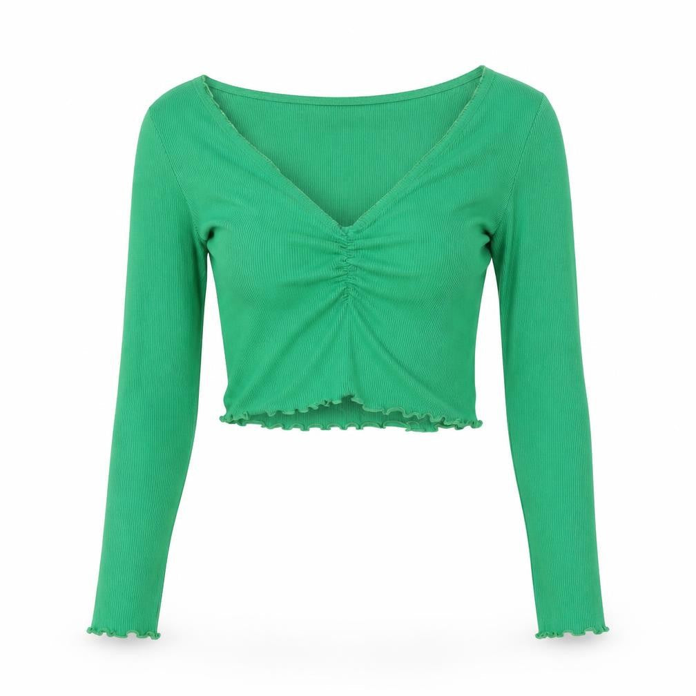 Monki Women’s Green XS Cropped V-Neck Long Sleeve Blouse