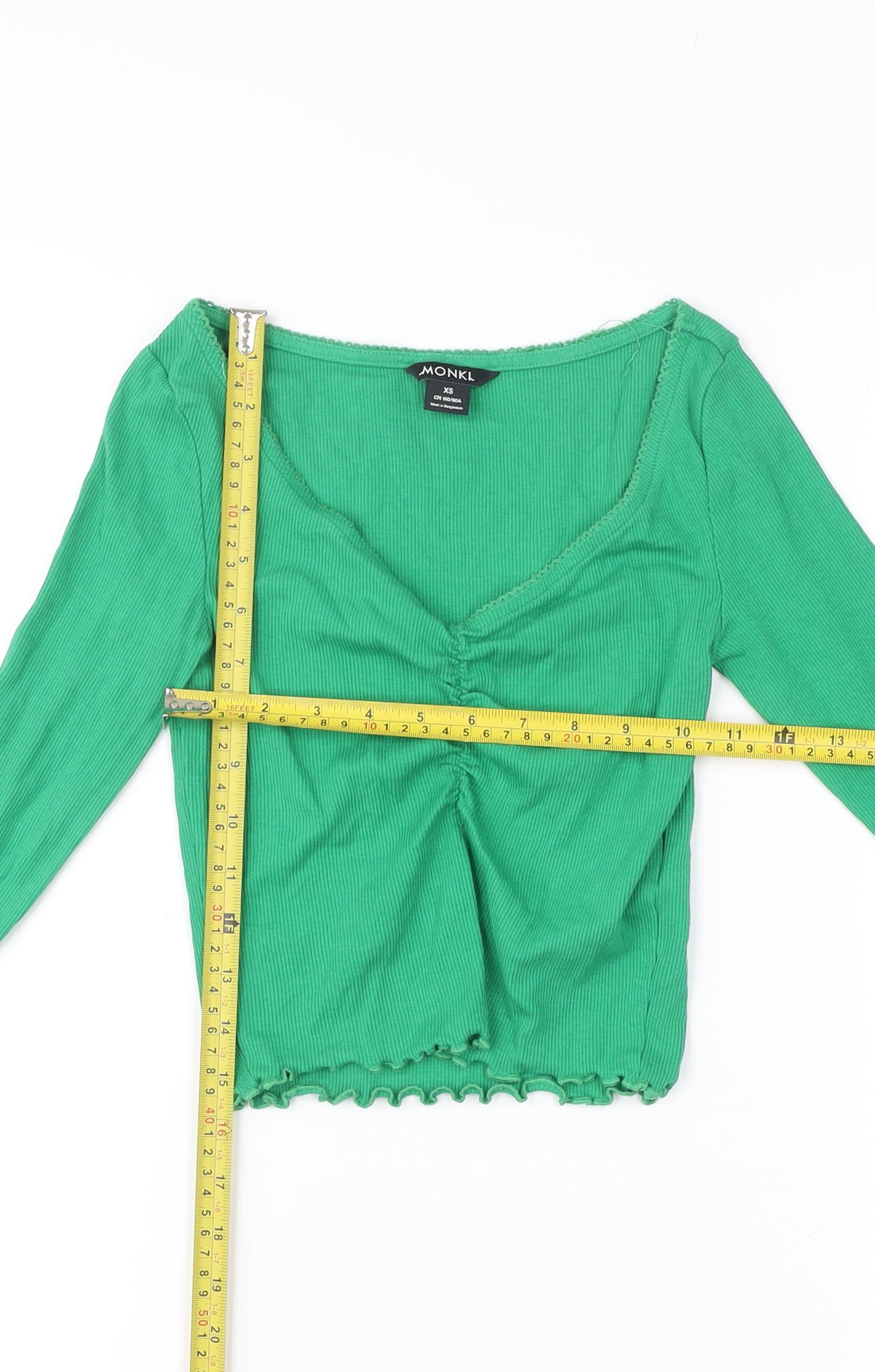 Monki Women’s Green XS Cropped V-Neck Long Sleeve Blouse