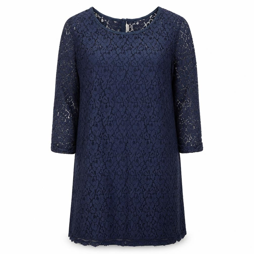 H&M Women’s Blue Lace Shift Dress Size 12 Scoop Neck 3/4 Sleeve