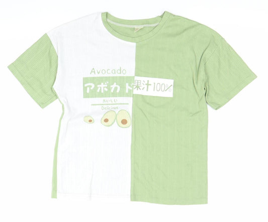 Women’s Green White Avocado Print XL Cotton Short Sleeve T-Shirt