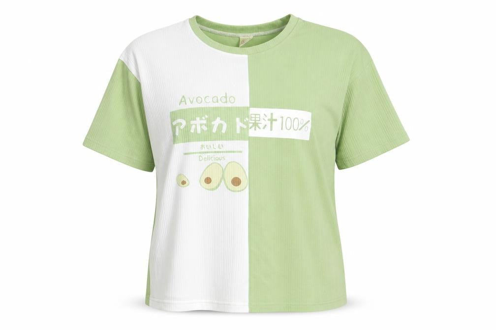 Women’s Green White Avocado Print XL Cotton Short Sleeve T-Shirt