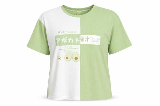 Women’s Green White Avocado Print XL Cotton Short Sleeve T-Shirt
