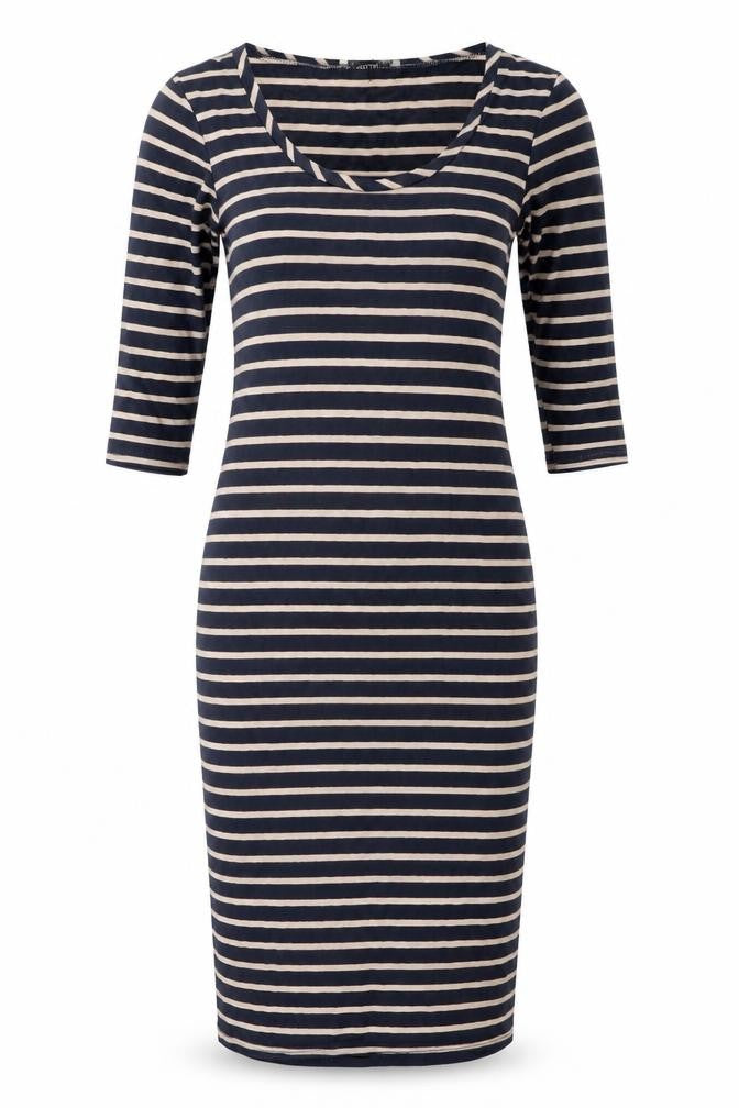 Oasis Women’s Blue Beige Striped Bodycon Dress XS Scoop Neck 3/4 Sleeve