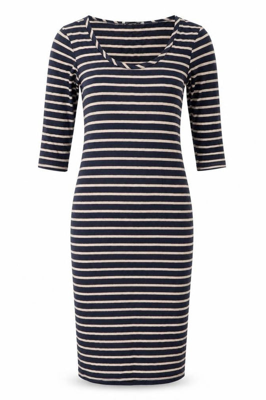 Oasis Women’s Blue Beige Striped Bodycon Dress XS Scoop Neck 3/4 Sleeve
