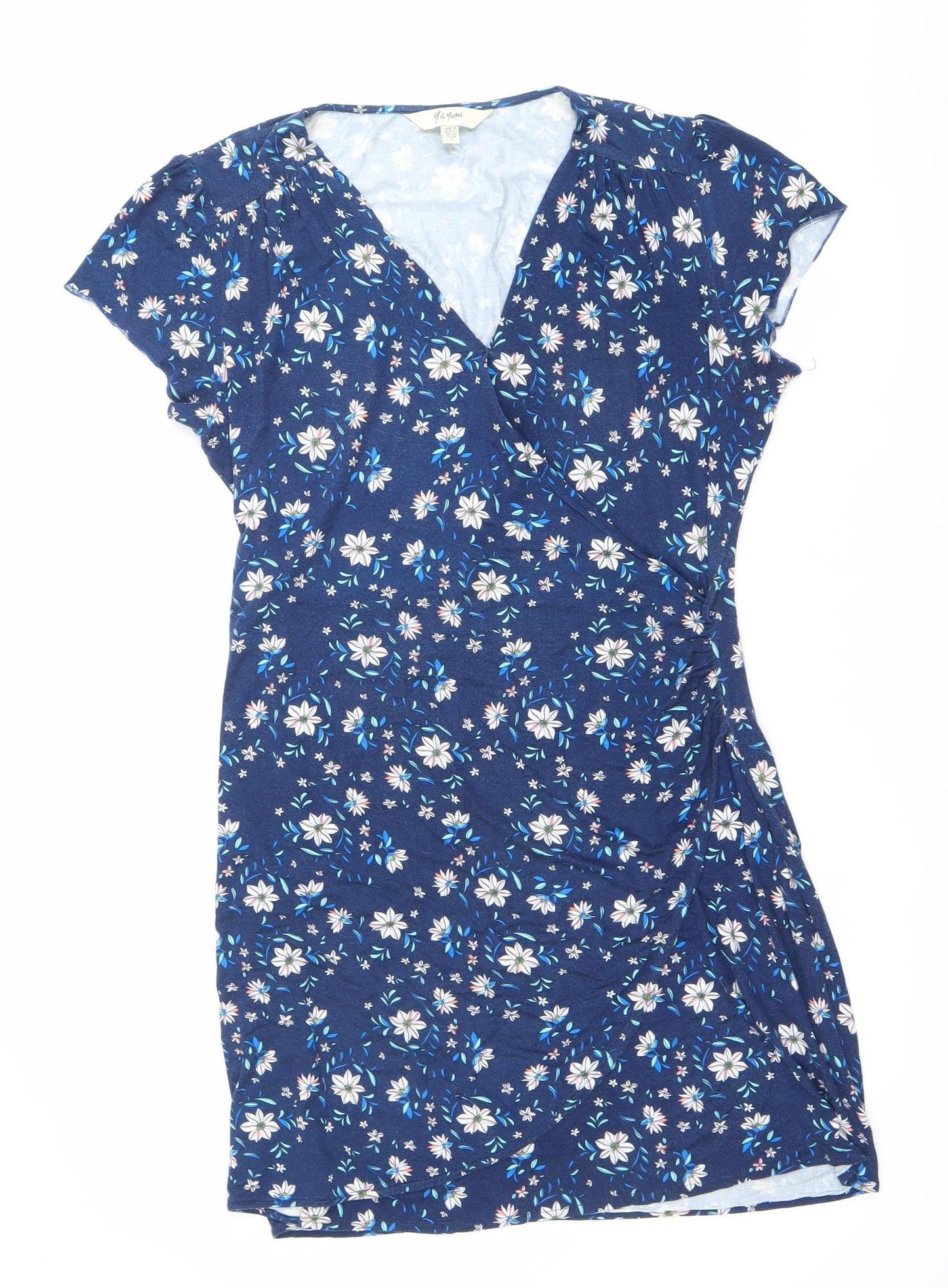 Yumi Women’s Blue Floral Wrap Dress UK 14 L V-Neck Jersey