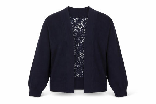 Front view of Roman women’s blue, size UK 12, lace back long sleeve cardigan