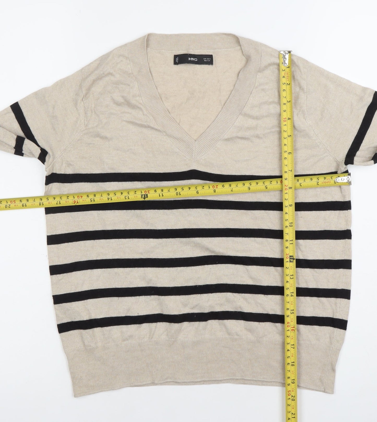 MNG Womens Beige Striped V-Neck Long Sleeve Knit Top Size S