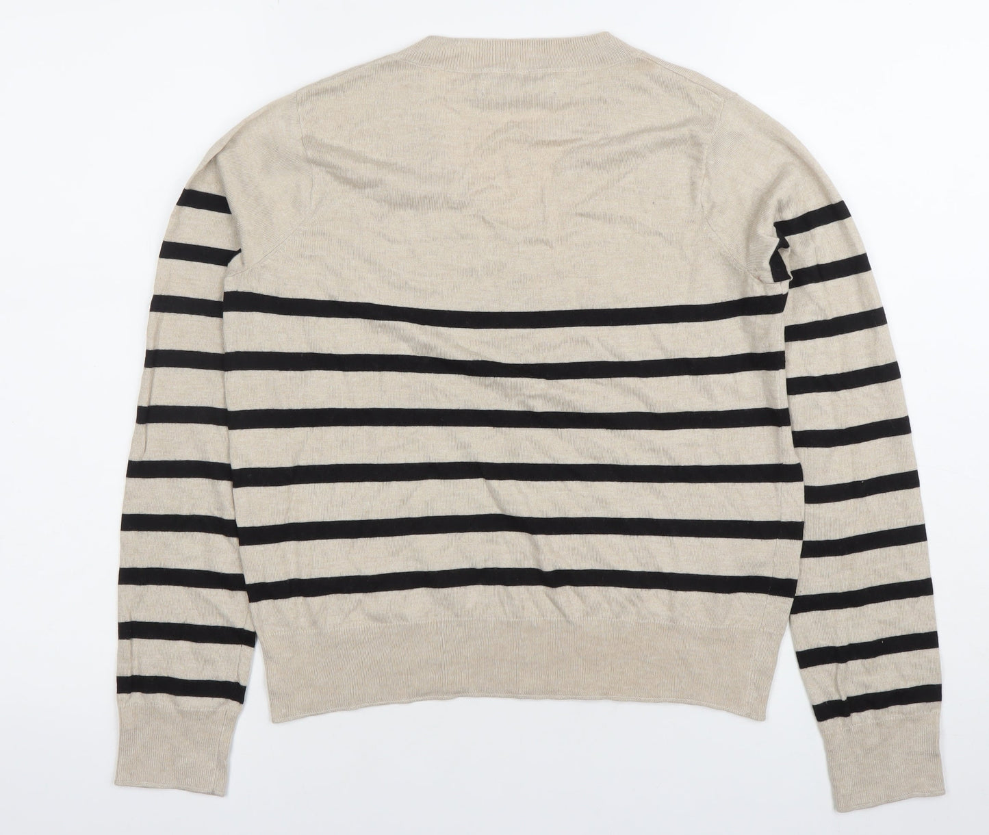 MNG Womens Beige Striped V-Neck Long Sleeve Knit Top Size S