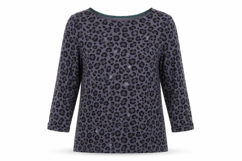 Boden Women Grey Leopard Print 3/4 Sleeve Cotton T-Shirt Size 12
