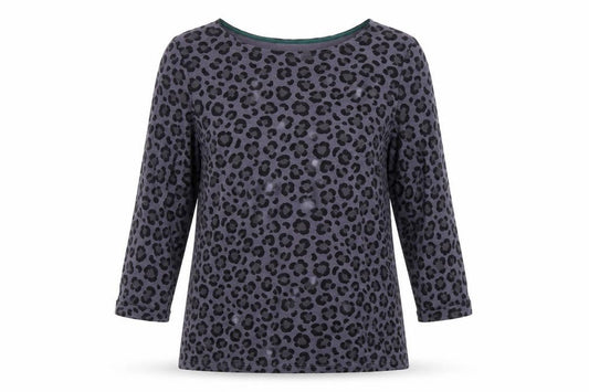 Boden Women Grey Leopard Print 3/4 Sleeve Cotton T-Shirt Size 12