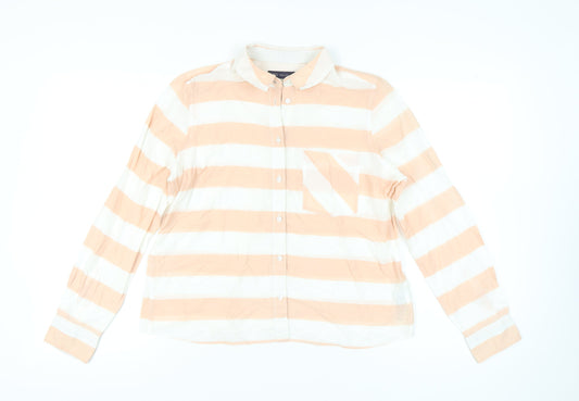 Marks and Spencer Women Orange White Striped Cotton Button-Up Shirt UK14