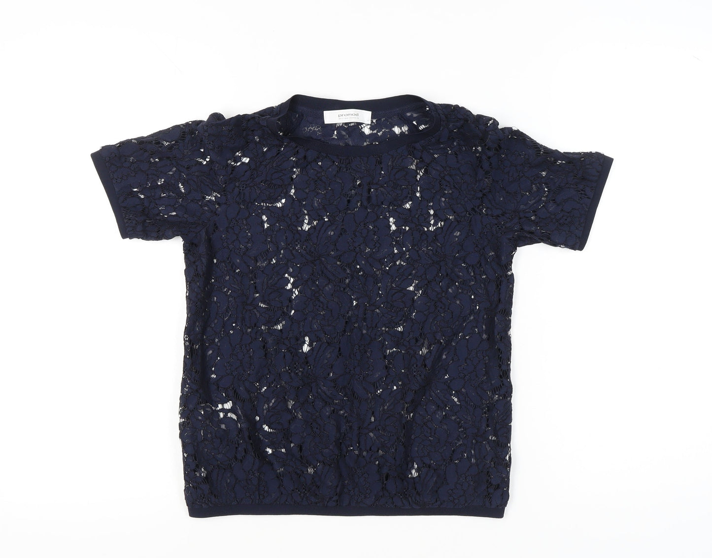 Promod Women’s Blue Lace Floral Sheer Short Sleeve Top Size 6
