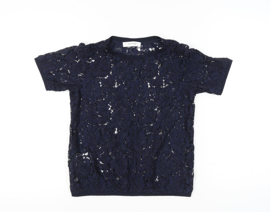 Promod Women’s Blue Lace Floral Sheer Short Sleeve Top Size 6